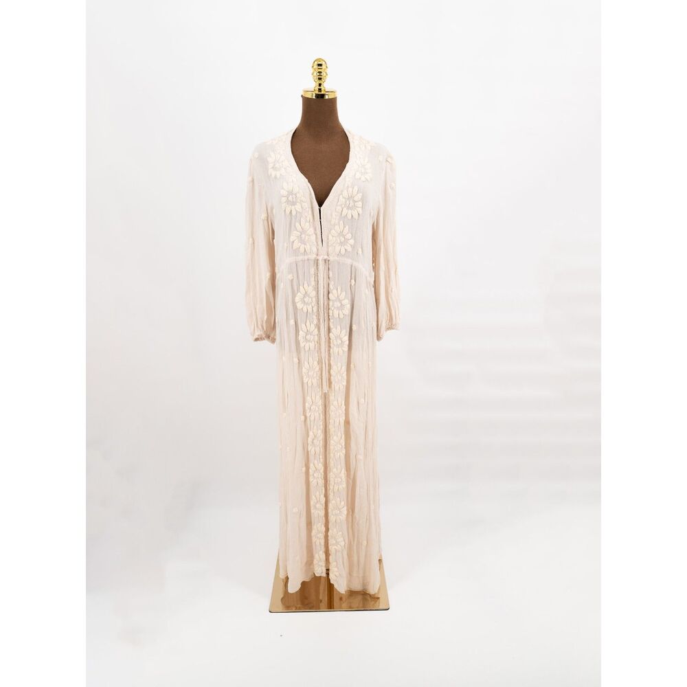 Free People Womens L Midi Dress Fable Cream/Ivory Long Sleeve V Neck Boho Dress